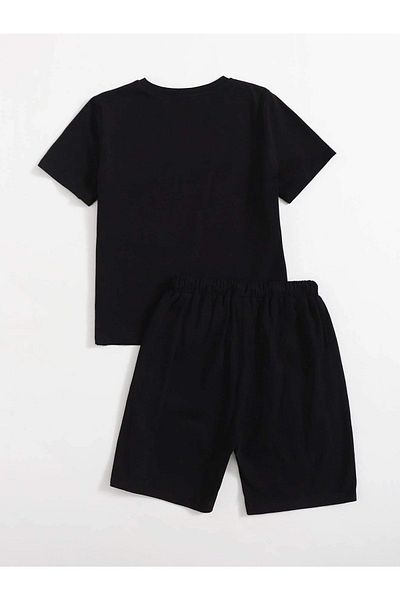 Mythologie La Los Angeles T-shirt Shorts - Black T-Shirt with Shorts Top and Bottom Set Printed Oversize Crew Neck