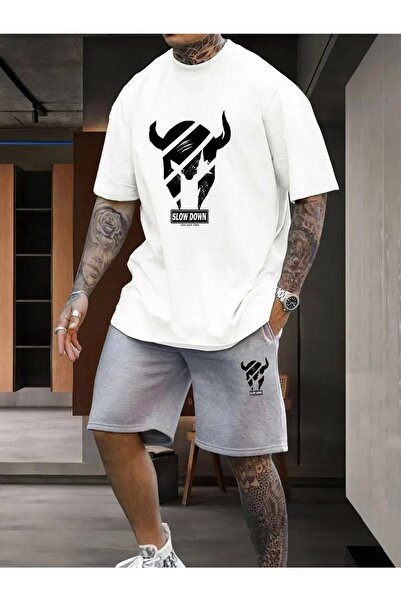 Trendglow Slow Down White T-shirt Gray Shorts - T-Shirt with Shorts Top and Bottom Set Printed Oversize Crew Neck