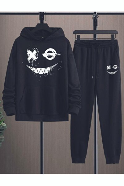 Mythologie Face Patterned Sweatshirt Sweatpants Jogger - Black Printed Bottom Top Tracksuit Set Hooded