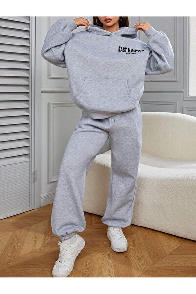 SeusCraft East Hampton Sweatshirt Eşofman Altı Jogger - Gri Baskılı Alt Üst Eşofman Takımı Kapüşonlu