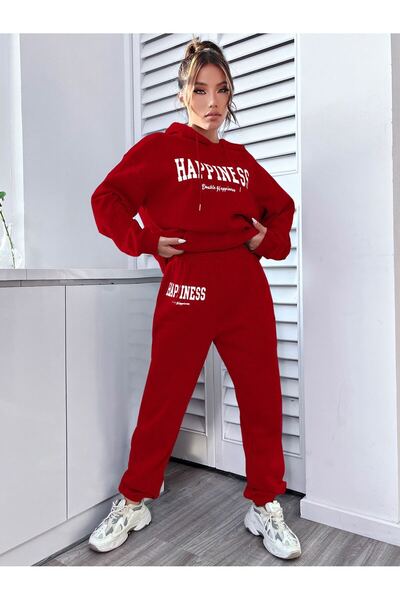 Cool Art Kadın Kırmızı Happiness Alt Üst Eşofman Takımı Oversize Kapüşonlu