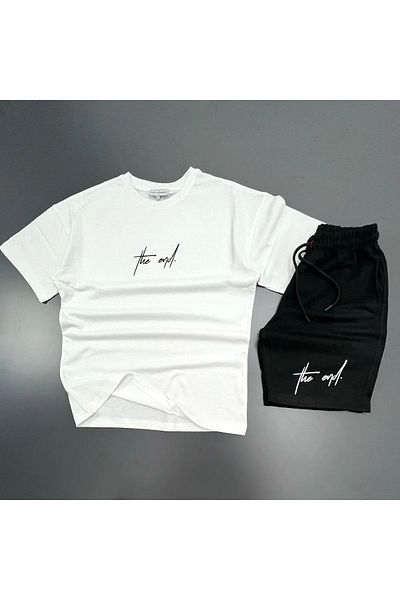 Mythologie The End White T-shirt Black Combed Cotton Shorts - Shorts T-Shirt Bottom Top Set Printed Oversize Crew Neck