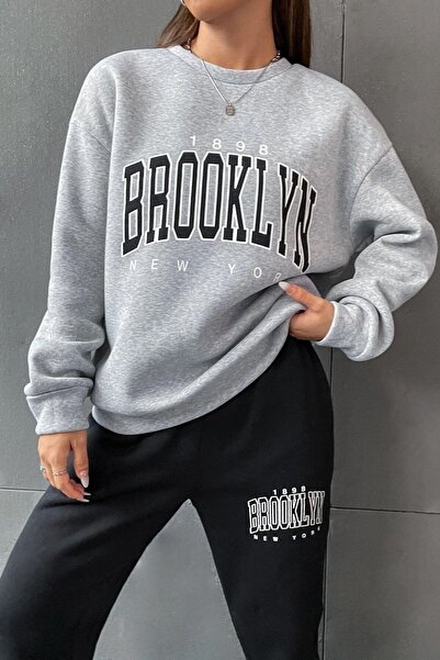 Mythologie 1898 Brooklyn Black Jogger Gray Sweatshirt Bottom Top Tracksuit Set Oversize Crew Neck