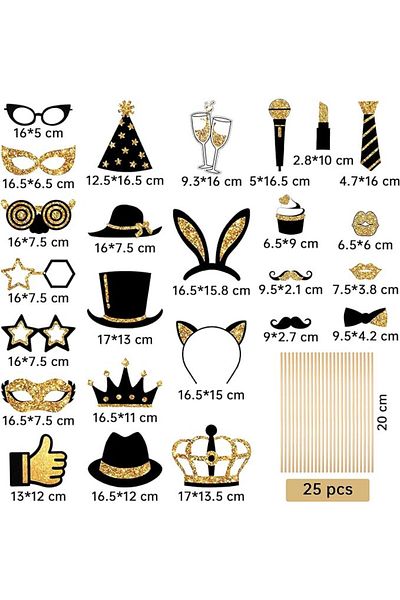 Karll Set of 25 photo booth decorations, cardboard, black/gold