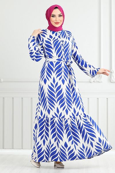 ModaMerve Rochie Hijab cu model de frunze 827OZR1047-M Saks