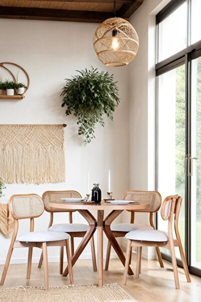 Woodenbend Katre Natural Ahşap Masa Sandalye Takımı 100x100 – 4 Doğal Hazeran...