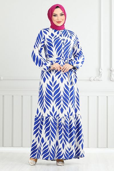 ModaMerve Rochie Hijab cu model de frunze 827OZR1047-M Saks