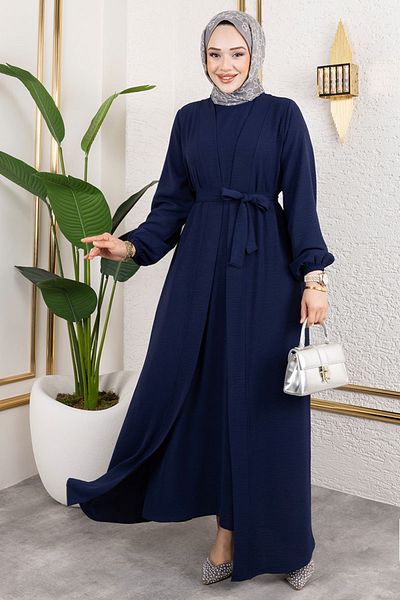 ModaMerve Belted Abaya Dress Set 0336Bgs895-M Navy