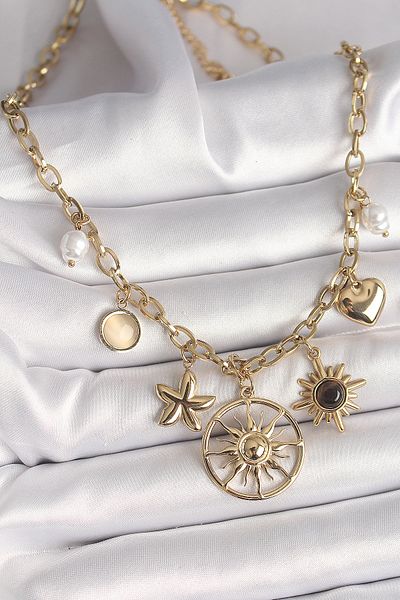 Store 316L Steel Gold Color Sun Model Black Enameled Sun Detail Women's Necklace