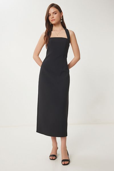 Lovelyİstanbul Rochie țesută Midi cu bretele groase Negru Lfk0005
