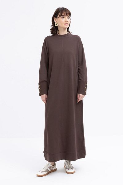 ALLDAY Coffee-Cuff Thick Ribbed Button Detail Lycra Dress