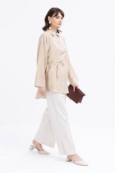 ALLDAY Beige-Half-Patented Tunic with Tie Waist
