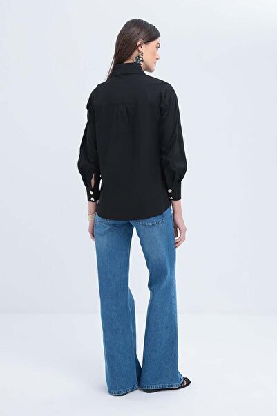 ALLDAY Black-Sleeve Gathered Poplin Shirt