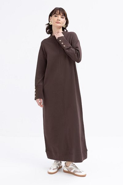 ALLDAY Coffee-Cuff Thick Ribbed Button Detail Lycra Dress