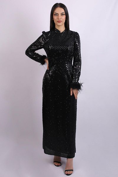 SpringStore Black Sleeves Otrishi Sequin Sequin Hijab Evening Dress