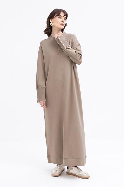 ALLDAY Mink-Cuff Thick Ribbed Button Detailed Lycra Dress