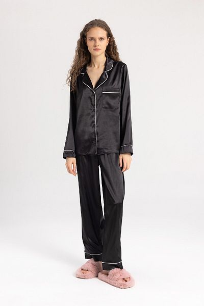 DeFacto Topuri de pijama cu mânecă lungă din satin cu ajustare normală - Casual A9160ax24sp