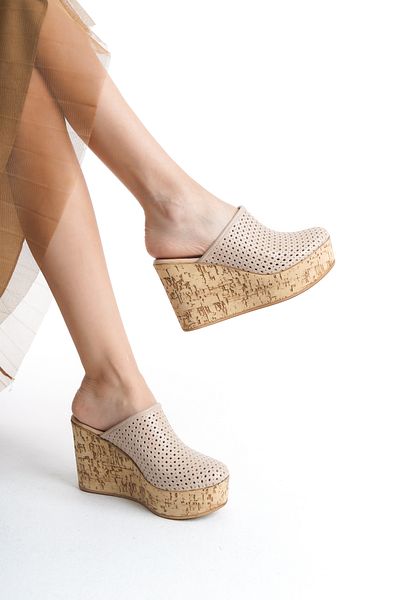 bolemo Beige Women's Closed Toe Sabu Wedge Heel Slippers