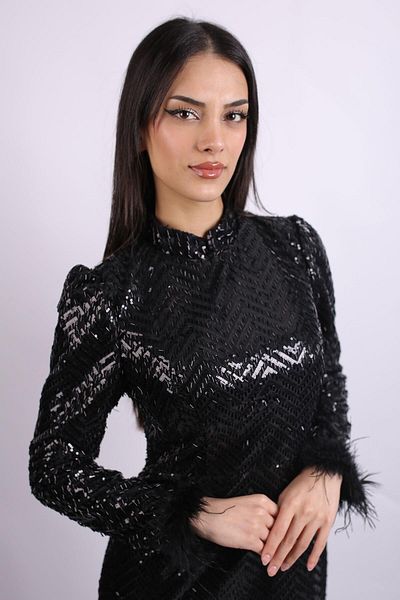 SpringStore Black Sleeves Otrishi Sequin Sequin Hijab Evening Dress
