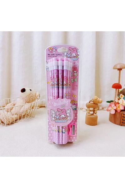 Choice C-melody Set 12pcs Cinnamoroll Kuromi Cute Cartoon Hb Pencils, 12 Pencils & 1 Pencil Roller Station