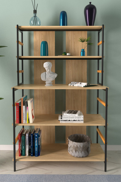 VİLİNZE Rafito Metal & Ahşap Bohem 5 Raflı Mdf Çok Amaçlı Kahve Köşesi Mutfak Rafı (SİYAH/NATUREL)