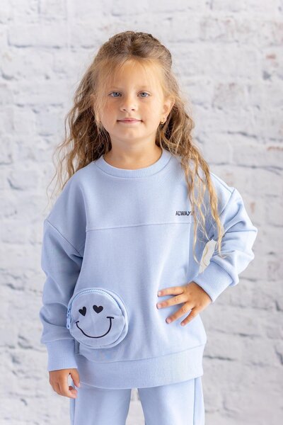 Zeyland Kız Çocuk Cep Detaylı Baskılı Sweatshirt - Bebek Mavisi
