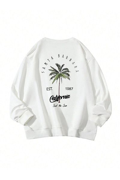 DUBU BUTİK Santa Barbara Winter Thick Sweatshirt - White Printed Oversize Thick Winter Crew Neck
