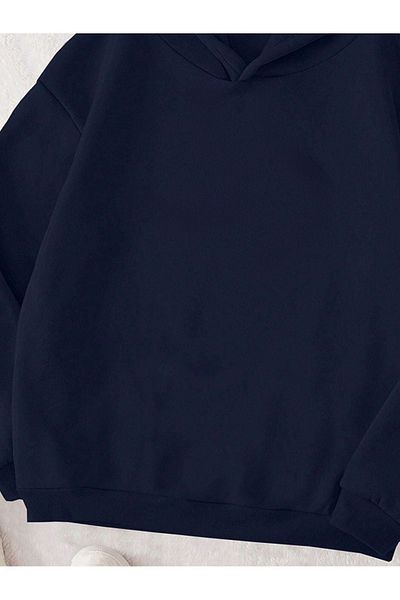 DUBU BUTİK Growth Keep Calm Sweatshirt - Navy Blue Printed Oversize Thick Winter Hoodie