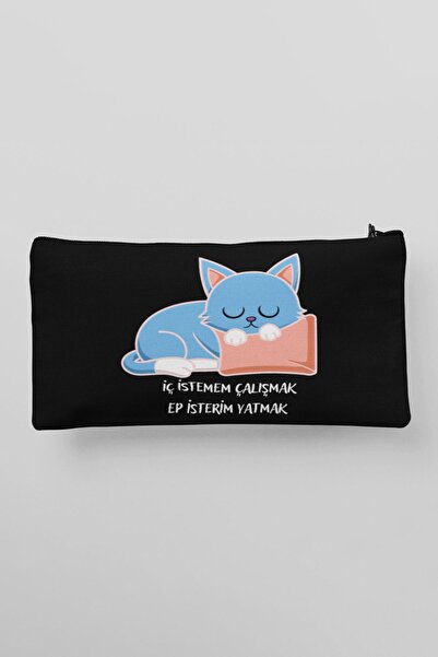 qoeuyl boutique Сладка платнена чантичка за грим с щампа на котка - калъф за моливи за работа