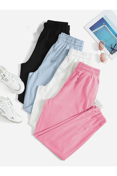 Sweetline 4 τεμαχίων Basic μονόχρωμο παντελόνι Jogger - Μαύρο Baby Blue Λευκό Ροζ Λαστιχένιο πόδι ψηλή μέση