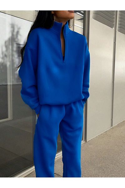 CLAYES Σετ φόρμας Sax Blue Oversize - Φούτερ με μονόχρωμο γιακά με φερμουάρ και Jogger
