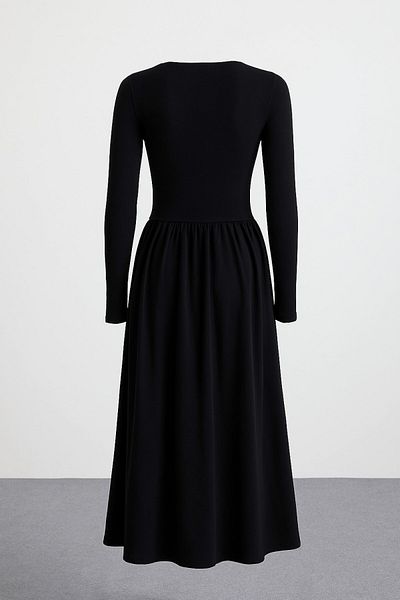 HAKKE Partea fustei maxi lungime din popelin țesut Partea superioară evazată din viscoză elastică Rochie elegantă cu mânecă lungă