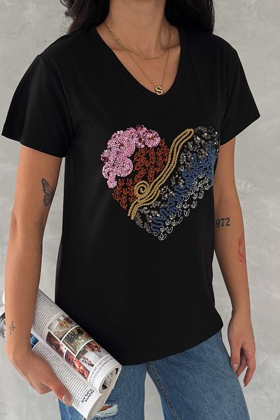 FEMELLE Tricou negru pentru femei, cu decolteu în V, cu paiete, brodat, brodat, 100% bumbac