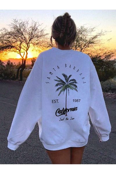DUBU BUTİK Santa Barbara Winter Thick Sweatshirt - White Printed Oversize Thick Winter Crew Neck