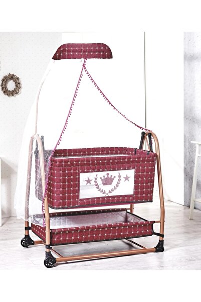 ALUÇ Öykü Bebek Dünyası Baby Büyük Boy Keten Kumaşlı Tekerlekli Sallanabilir King Fileli Beşik