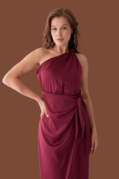 lovebox Belted Satin Women's Evening Dress with Knot Detail on the Shoulder 003