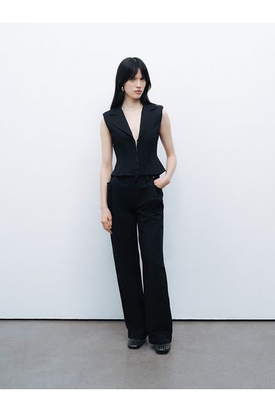 Nocturne Women's Notch Collar Sleeveless Waist Pleat Detailed Black Trousers N25Yn3371-Black