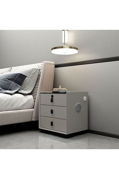 Danube Home Layla 3 Drawer NightStand W/Wireless USB Charger+Bluetooth Speaker+Finger Print Lock, Led Light-Grey