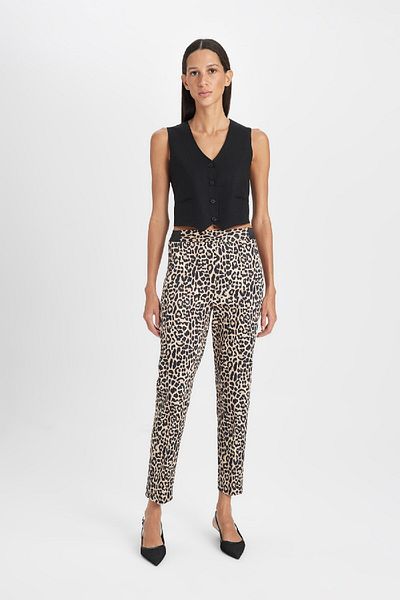 DeFacto Leopard Print Satin Cigarette Pants - Regular Waist, Elastic Straight Leg J8741Az24Wn