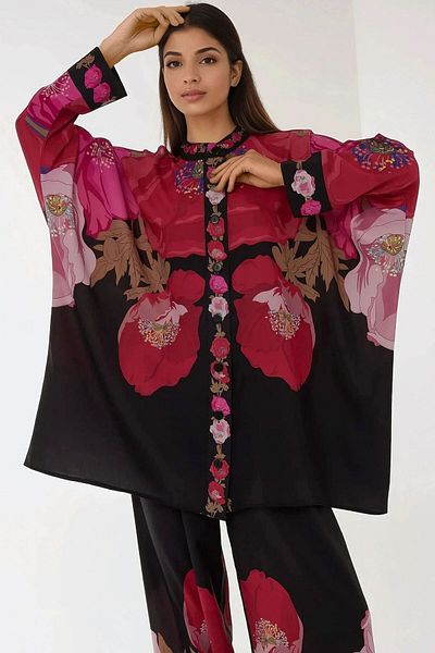 Hiccup Printed High Waist Kimono and Trousers Double Modest Suit