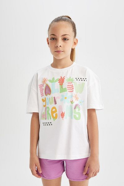 DeFacto Girls Oversize Wide Fit Crew Neck Printed Short Sleeve T-Shirt C6039A824Sm