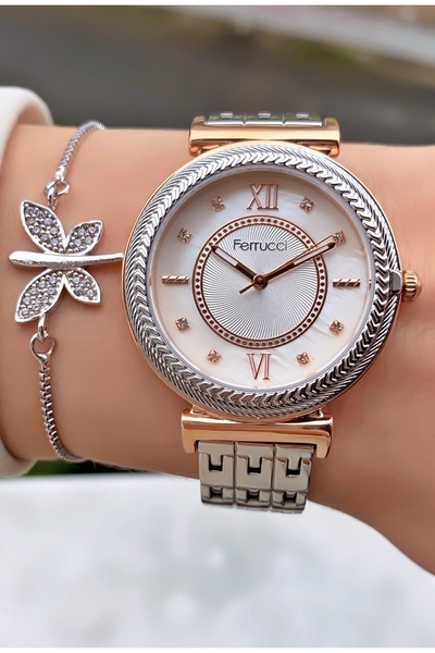 Ferrucci Brand Rose Silver Color Steel Cord Women's Wristwatch - Bracelet Gift
