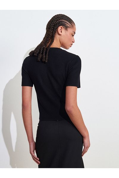 Dilvin 10733 Crew Neck Pocket Button Knitwear Blouse-Black