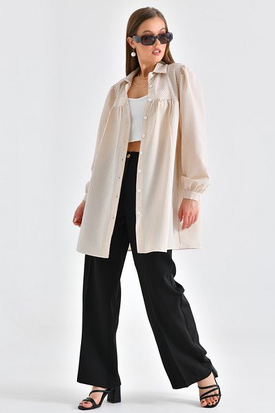 Saade Beige Striped Wrap Fabric with Bias Robe and Gather Detail