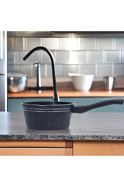 Auroware Non Stick 18 cm Saucepan Pan with Lid Black, Pressed Aluminum, Induction Bottom