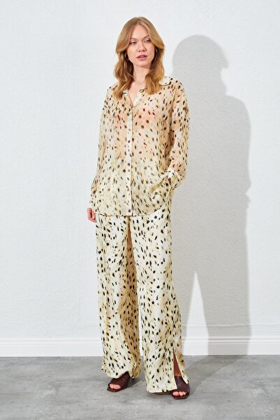 TENA Women's Dalmatian Pattern Stone Chiffon Blouse Satin Pants Suit