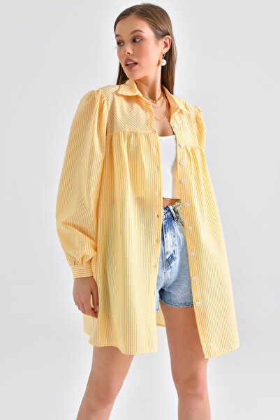 Saade Yellow Striped Wrapped Fabric with Bias Robe and Gather Detail