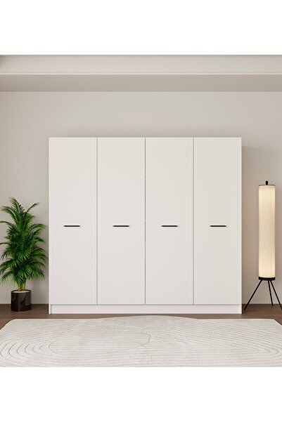 Mufi WooD 4 KAPAKLI TAMAMEN MDF 8 BÖLMELİ ÇİFT ASKILIKLI BEYAZ DOLAP-GARDORAP