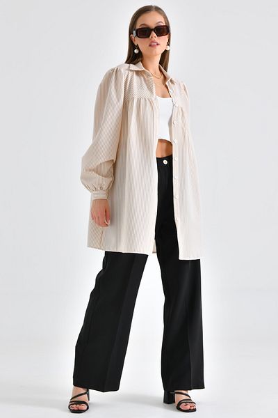 Saade Beige Striped Wrap Fabric with Bias Robe and Gather Detail