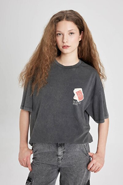 DeFacto Μπλουζάκι Oversize με στάμπα με λαιμόκοψη - C5960AX24SM